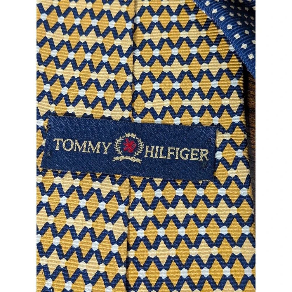 Tommy Hilfiger Italian Silk Tie Blue Gold Geometric Pattern USA Made 58